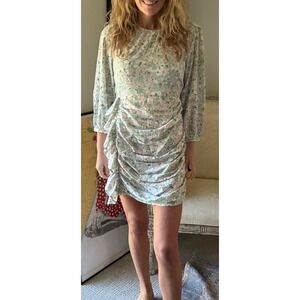 Entro Pink Sage Green Floral Ruched Mini Dress Long Sleeve D17678 Womens Large